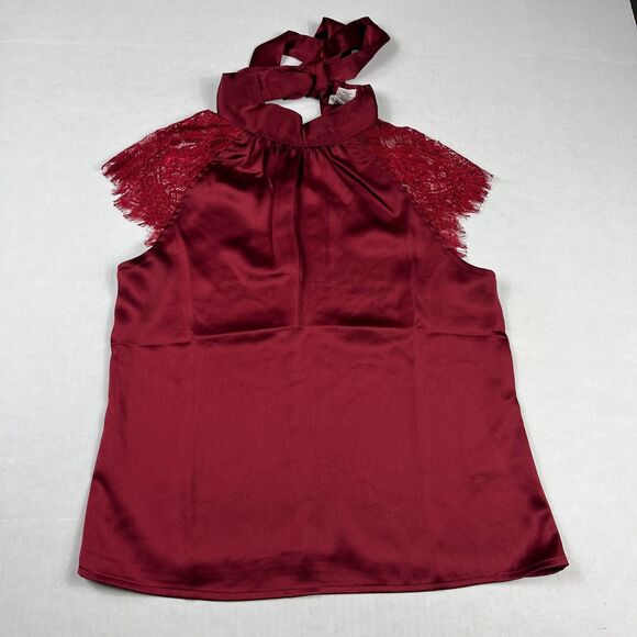 Nicole Miller New York Satin Neck Tie Blouse Red Lace Short Sleeve Shirt SMALL - Picture 1 of 11